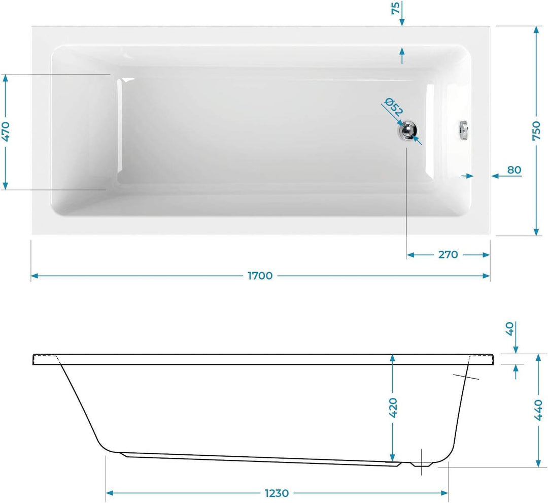 Calmwaters® Rechteck-Badewanne 170x75 cm, Acrylwanne Modern Square, ergonomische Körperformbadewanne