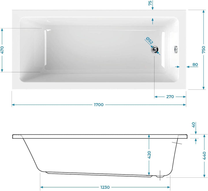 Calmwaters® Rechteck-Badewanne 170x75 cm, Acrylwanne Modern Square, ergonomische Körperformbadewanne