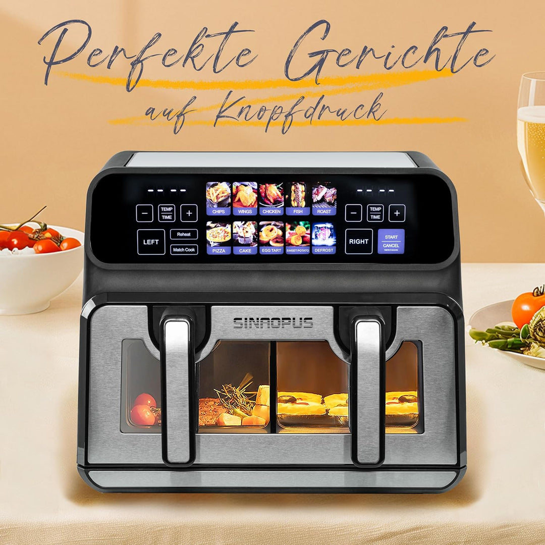 Heissluftfritteuse 9 L Doppelkammer Airfryer – 2200 W Starke Leistung, Sichtfenster, Farb-LED-Displa