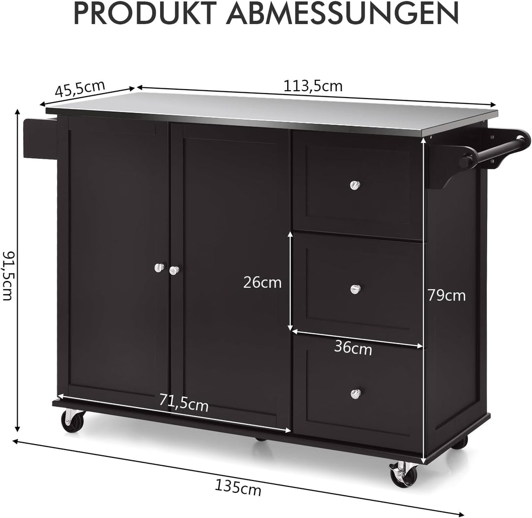 COSTWAY Küchenwagen mit Arbeitsplatte aus Edelstahl, Kücheninsel mit 3 Schubladen &amp; Verstellbarer Ab