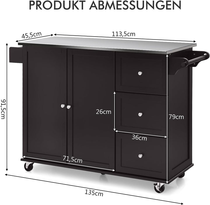 COSTWAY Küchenwagen mit Arbeitsplatte aus Edelstahl, Kücheninsel mit 3 Schubladen &amp; Verstellbarer Ab