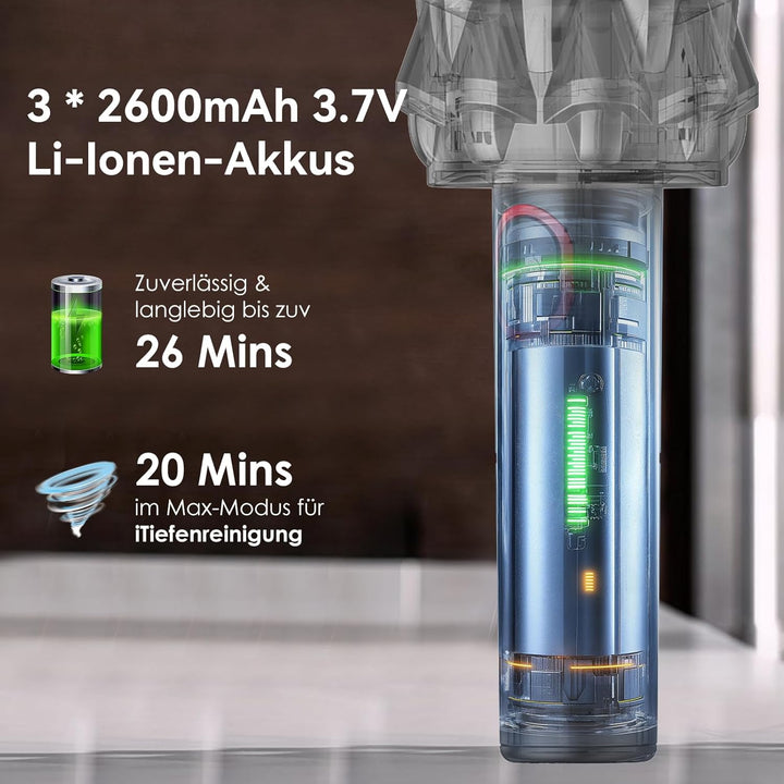 Akitas Pro H2 Handstaubsauger, Handstaubsauger Akku - 0,5 kg Ultra-Leichter Staubsauger: Bis zu 26 M