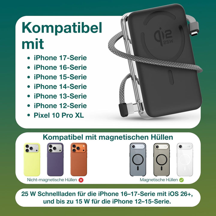 Magnetische Powerbank Qi2.2 25W Zertifiziert – Wireless Powerbank 10000mAh Schnellladen Ladegerät -