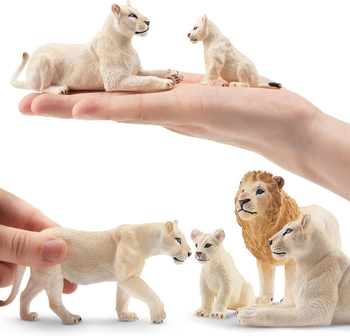 TOYMANY 6 Stück Weisser Löwe Tiere-Figuren mit Löwenbabys,Löwen Spielzeug Plastiktiere Zoo Wald Tier