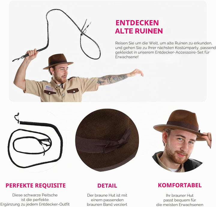 Erwachsene Explorer Zubehör Set - Braune Entdeckermütze und schwarze Peitsche - Erwachsene TV/Film A