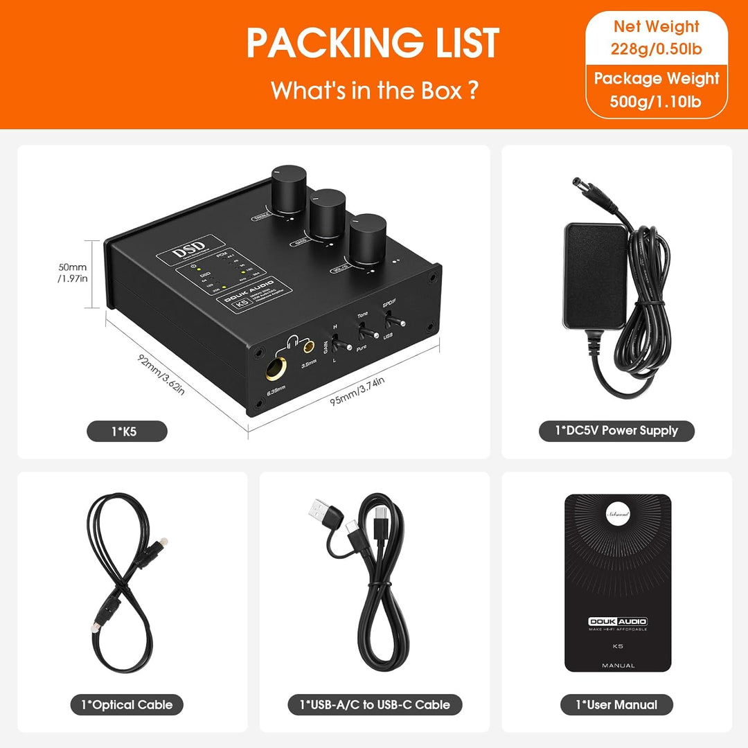 Douk Audio K5 PC DAC Kopfhörerverstärker mit USB & Optischem Eingang DSD256 für Verstärker, Lautspre