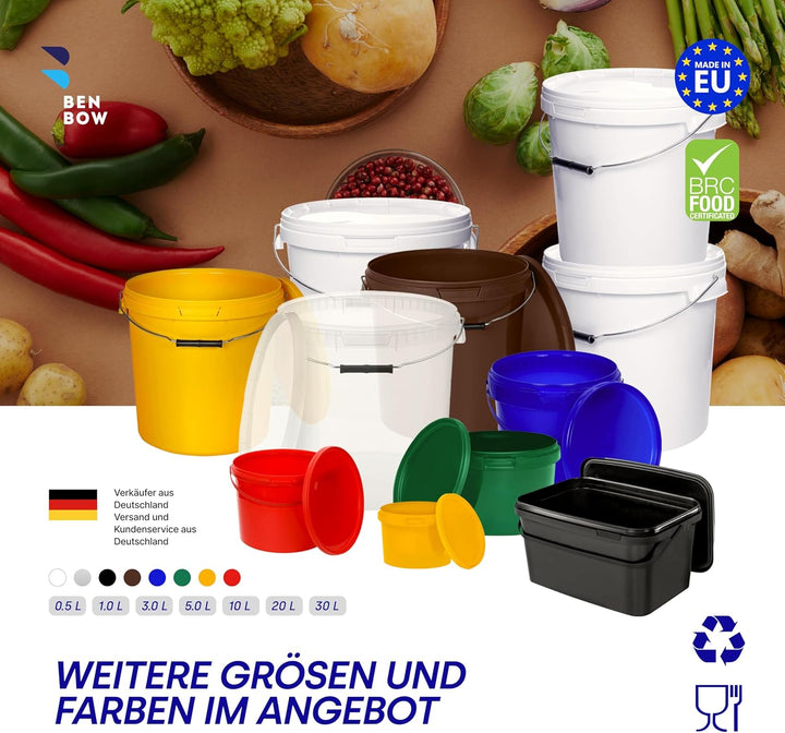 BenBow Eimer mit Deckel 10l braun 10x 10 Liter - lebensmittelecht, stabil, luftdicht, auslaufsicher,
