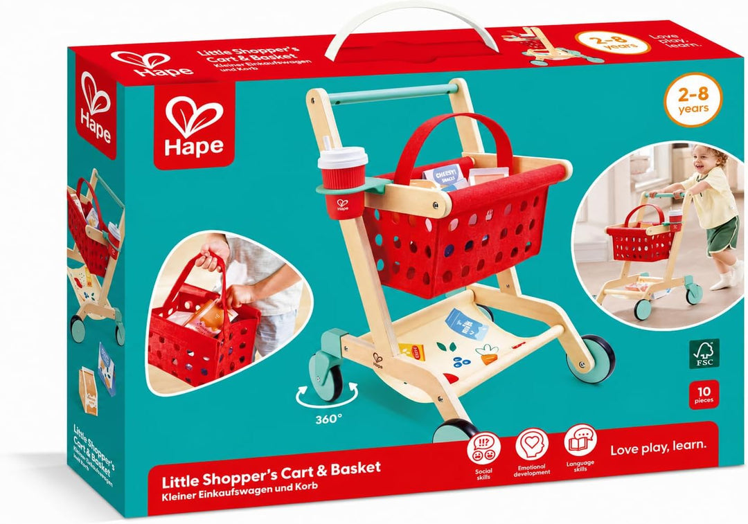 Hape Little Shopper Einkaufswagen aus Holz – Kinder Einkaufswagen mit Korb &amp; Zubehör – Kaufladen Zub