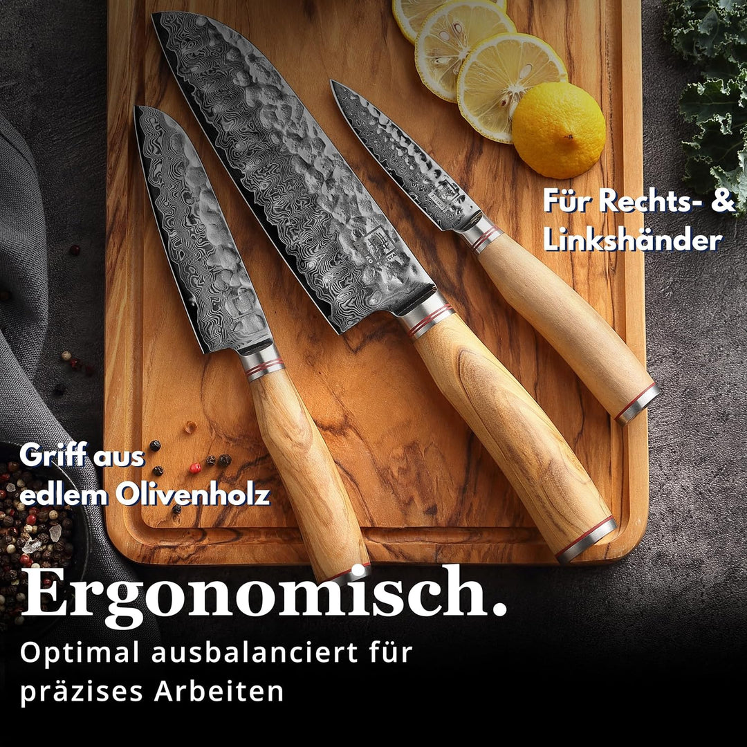 zayiko Minami Premium 3er Damastmesser-Set mit Klingen von 9-17 cm gefertigt aus 67 Lagen echtem Dam