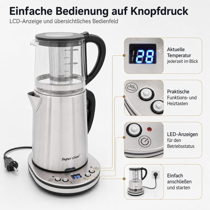 Wasserkocher Set 2,5L+1L, 1500W, Glas-Doppelkocher mit LCD Display, Warmhaltefunktion 70-85°C, Edels