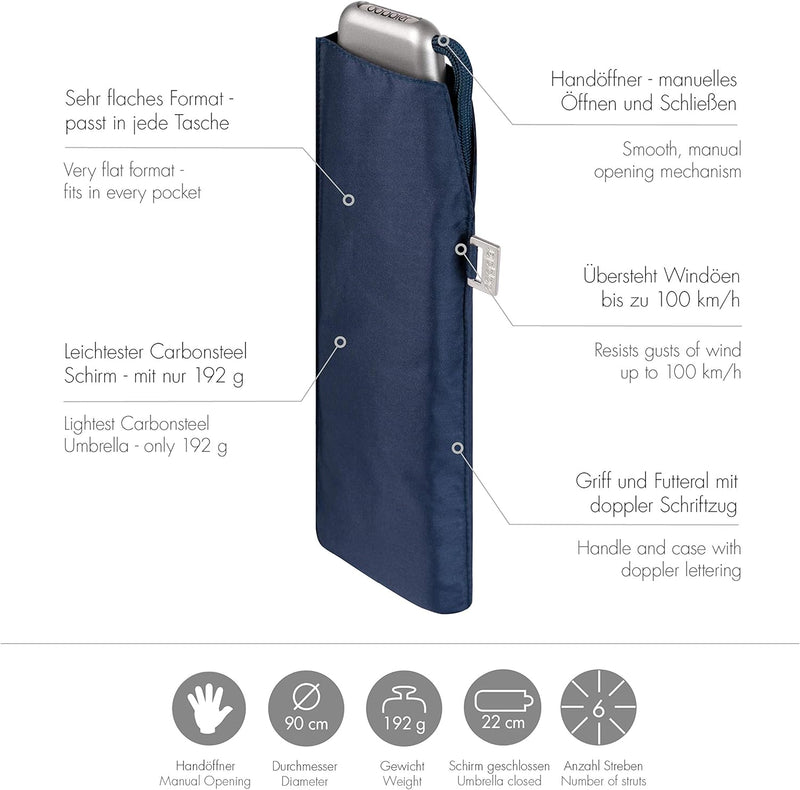 doppler Taschenschirm Carbonsteel Slim Uni – Handliches Format – Federleicht – 22 cm – Navy, Navy