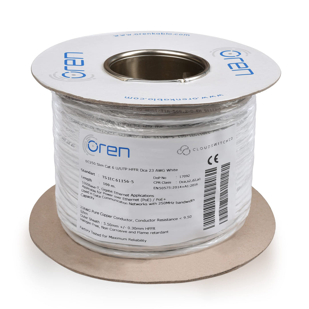 Oren CAT6 100m Ethernet Kabel Weiss - Schlank - 23 AWG Reines Kupferdraht - 250 MHz Bandbreite UTP I