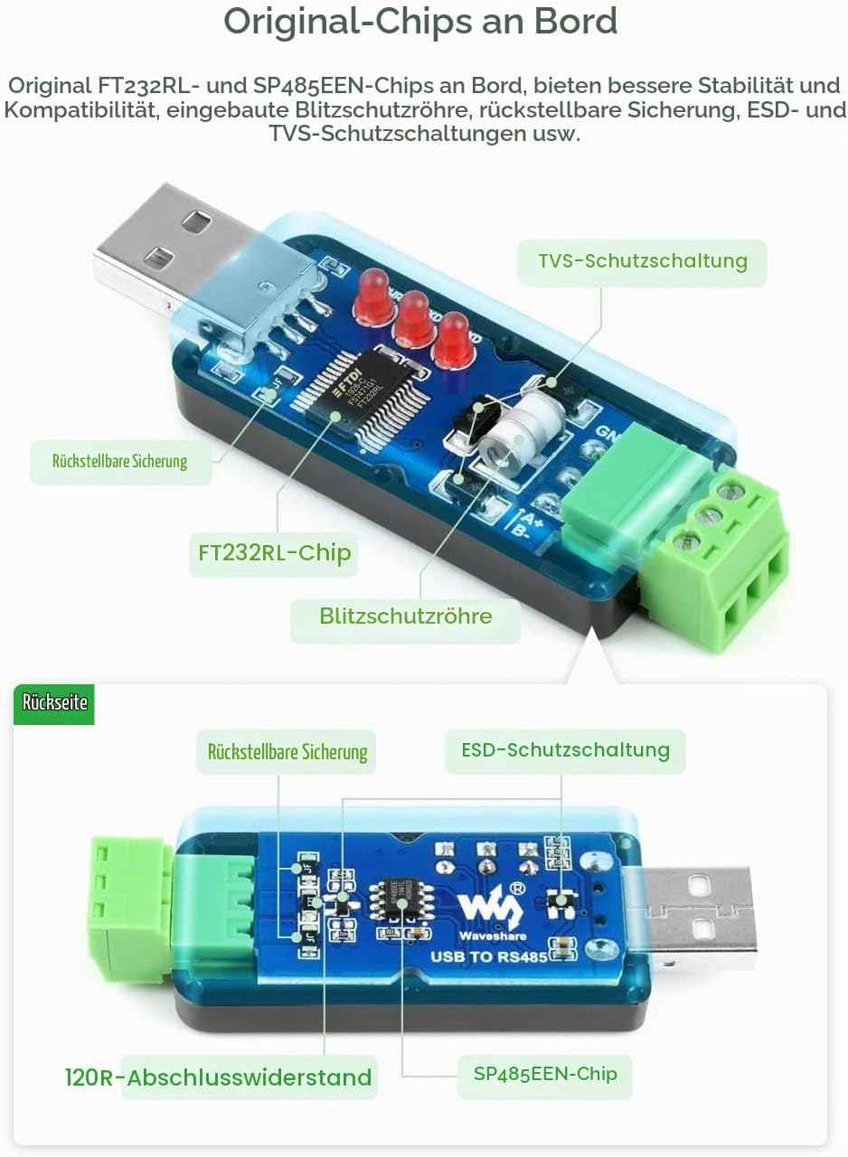 Waveshare Industrial USB to RS485 Converter with Original FT232RNL and SP485EEN Chips Automatic Tran