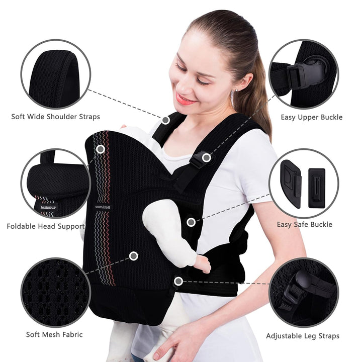 Bebamour Babytrage Vorder und Rückentrage mit 2 Schulterlätzchen,Black Pro, Black Pro