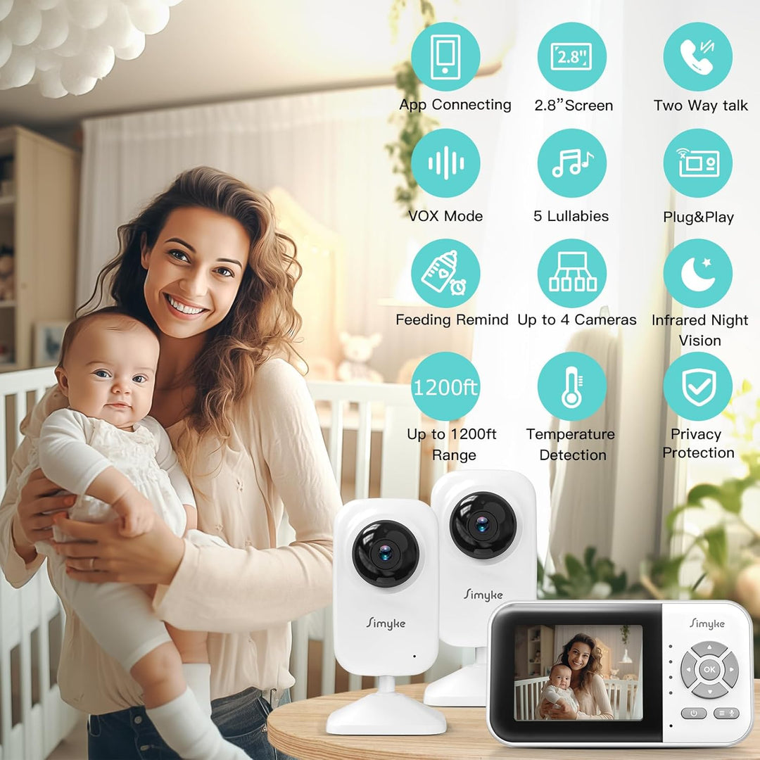 Simyke Smart Baby Monitor mit 2 Kameras und Audio 2.8'' Bildschirm WLAN ON/Off Switch Vision 2-Wege-