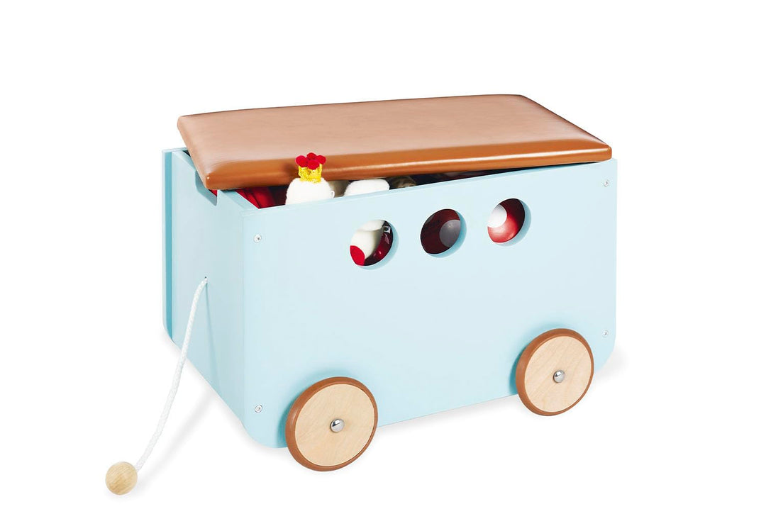 Pinolino Spielzeugkiste Jim, aus Holz und Kunstleder, mit Zugschnur und gummierten Holzrädern, Decke