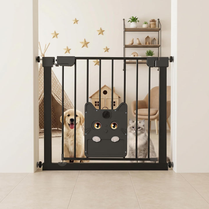 Türschutzgitter mit Katzenklappe ohne Bohre Absperrgitter Treppengitter Klemmgitter Schwarz 75–85cm