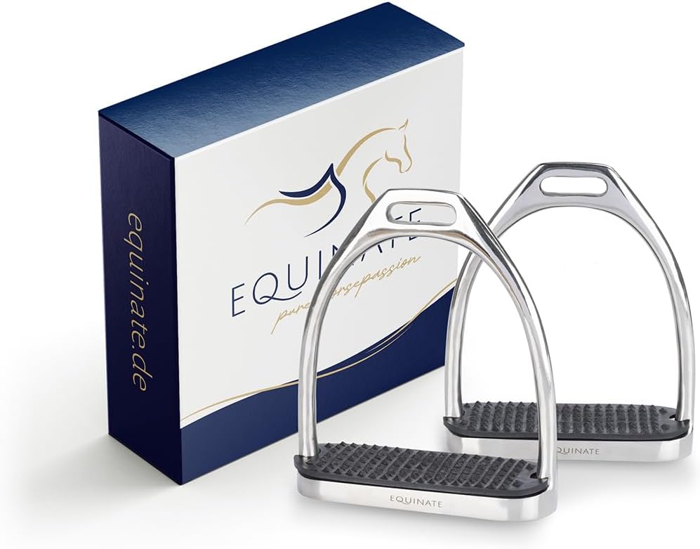 Equinate Steigbügel Luna 10cm Edelstahl - Mit Anti-Rutsch Trittfläche aus Gummi - Für Erwachsene und
