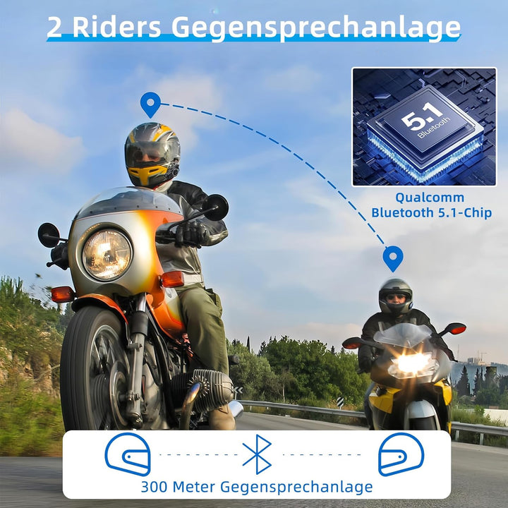 WAYXIN T2 Motorrad Headset mit Gegensprechanlage,Helm Kommunikationssystem für 2 Personen in Reichwe