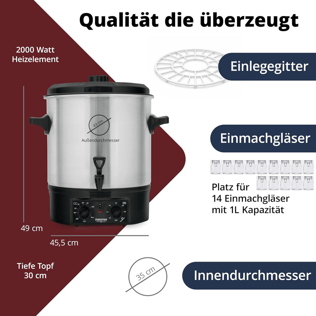 Stagecaptain GWK-27A Glühweinkocher - Einkochautomat mit 27 Liter - 2000 Watt - Gebürsteter Edelstah
