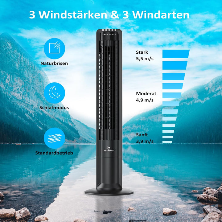 Airvention Turmventilator mit Fernbedienung, 109cm, leise, 100° oszillierender Säulenventilator, Sta