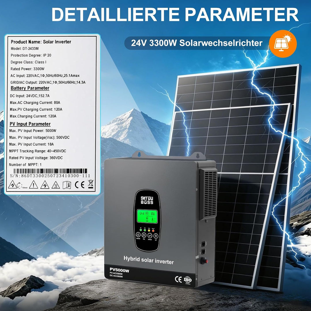 DATOUBOSS 3300W Hybrid Solar Wechselrichter 24V Reiner Sinus, DC 24V auf 220V/230V AC mit MPPT Solar