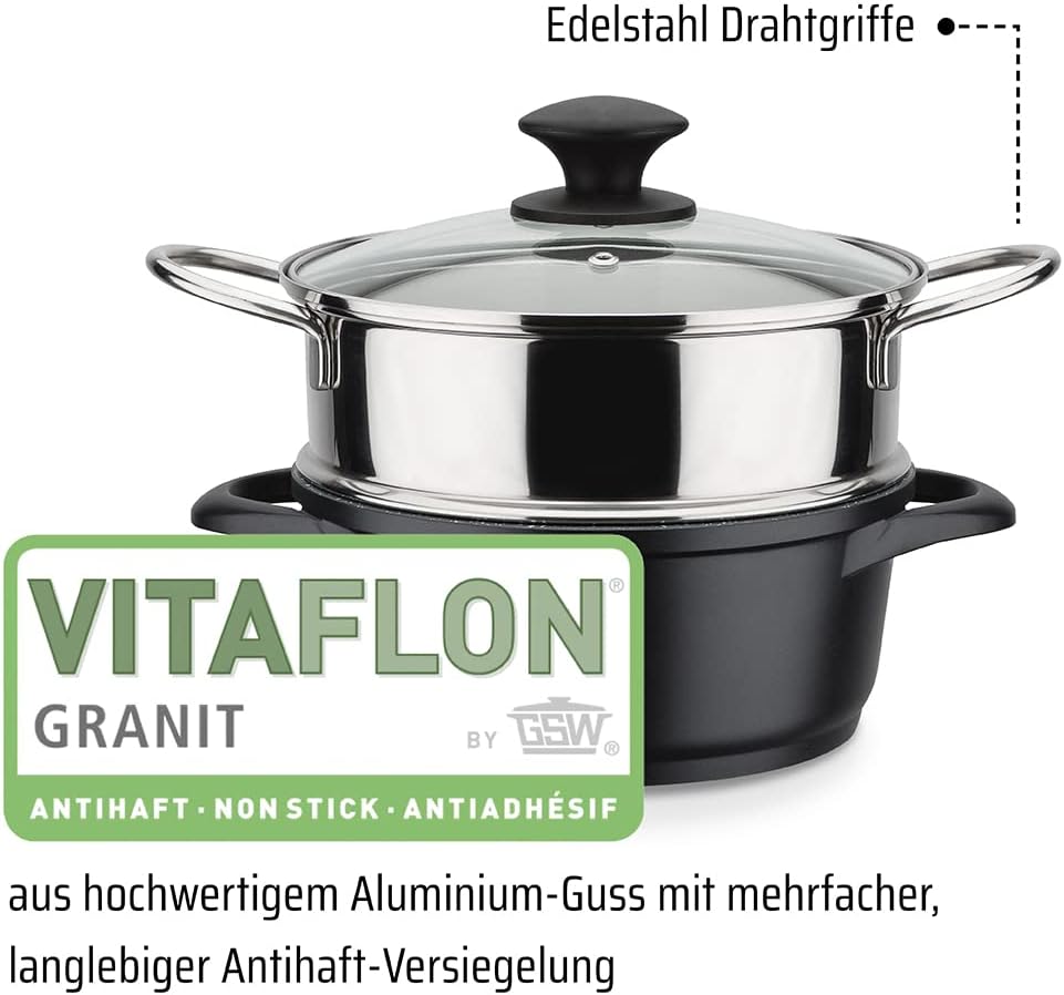 GSW Kochtopf- und Pfannenset Gourmet Granit – hochwertiges Set bestehend aus Töpfen, Kasserolle, Pfa
