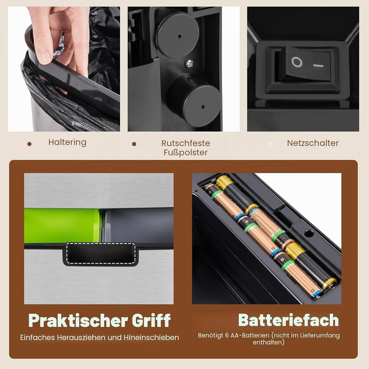 FANTASK 72L Mülleimer Küche, 4 Fächer Edelstahl Bin mit Sensor, Automatisch Abfalleimer mit Softclos