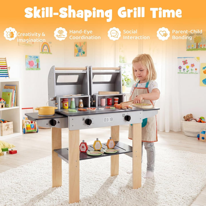 FANTASK Kindergrill Spielzeug, Barbecue Grill mit Grillbesteck & Spiel-Lebensmitteln, Matschküche mi