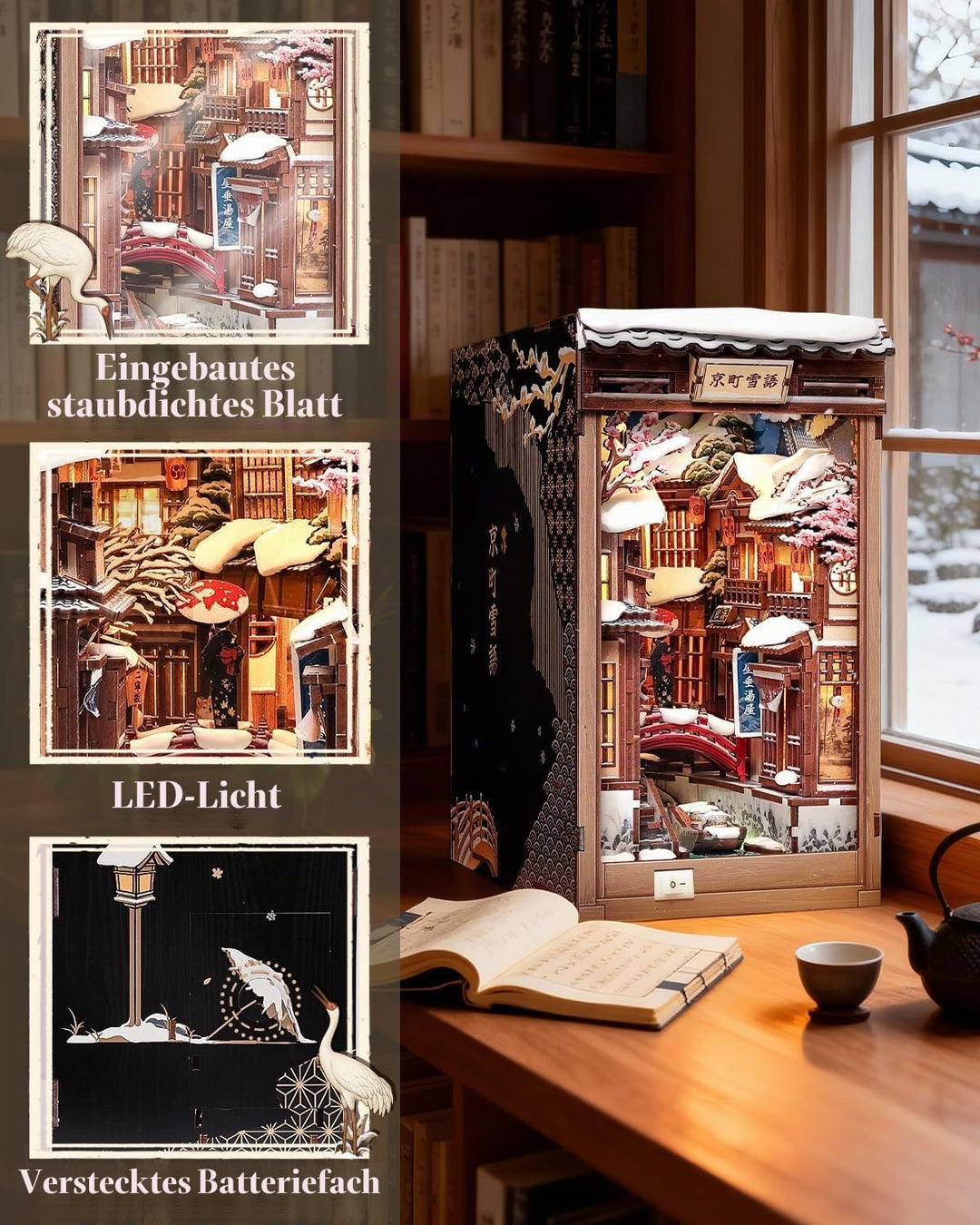 CUTEBEE Book Nook Kit - Japanischer Stil DIY Miniatur-Winterhaus, LED-beleuchtetes Buchregal-Deko Ga