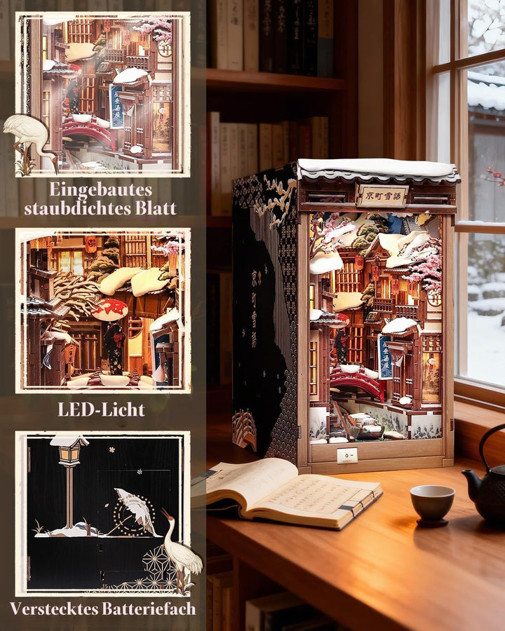 CUTEBEE Book Nook Kit - Japanischer Stil DIY Miniatur-Winterhaus, LED-beleuchtetes Buchregal-Deko Ga