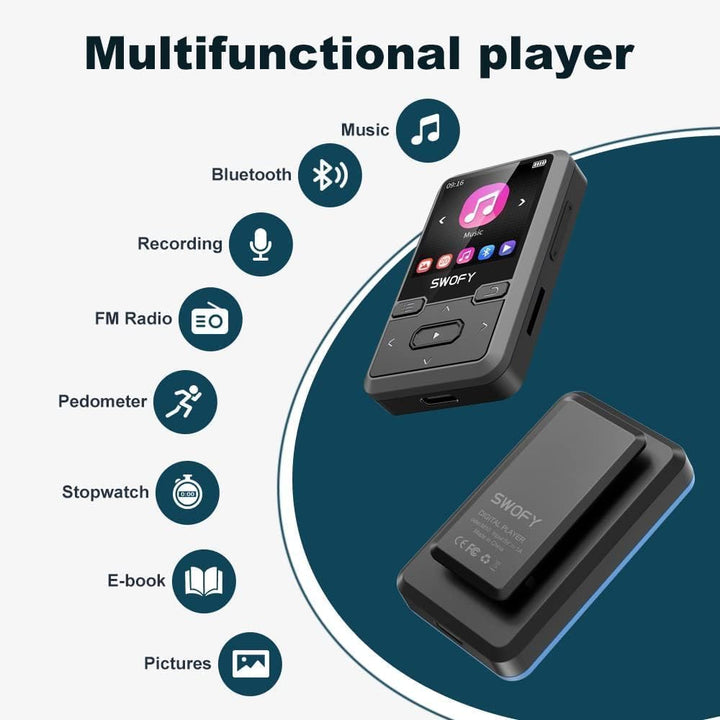 SWOFY MP3 Player Bluetooth 5.0 mit Sport Clip, 32GB Tragbarer Mini Musik Player mit Kopfhörer, FM Ra