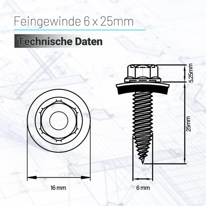 VOOXA | 100 Stück Dünnblechschrauben 6,0x25mm mit EPDM Dichtscheibe (Feingewinde) | Bi-Metall Edelst