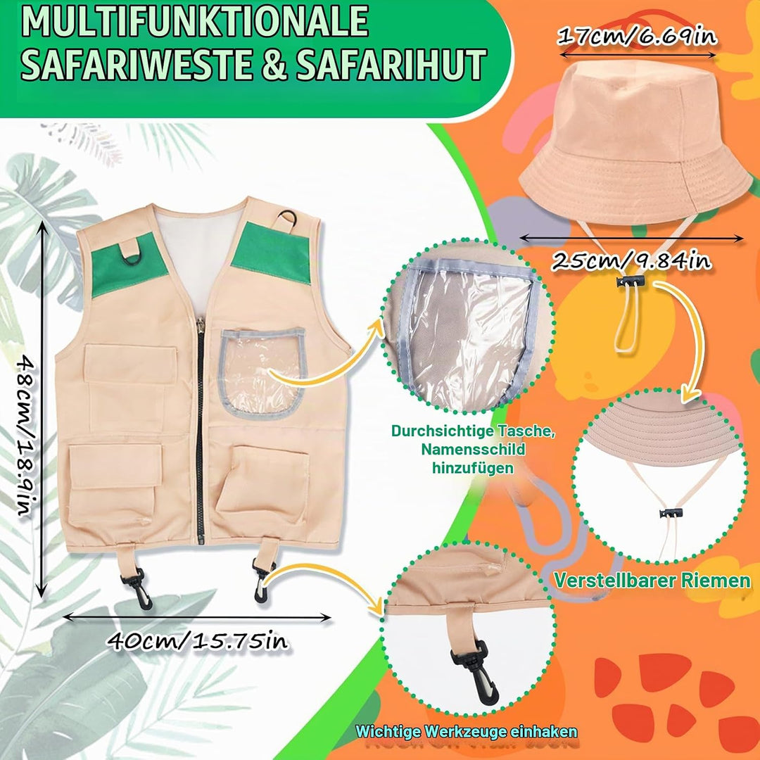 Forscherset für Kinder, 11Pcs Safari Kostüm mit Entdeckerhut Weste Fernglas Kinder Schmetterlingsnet
