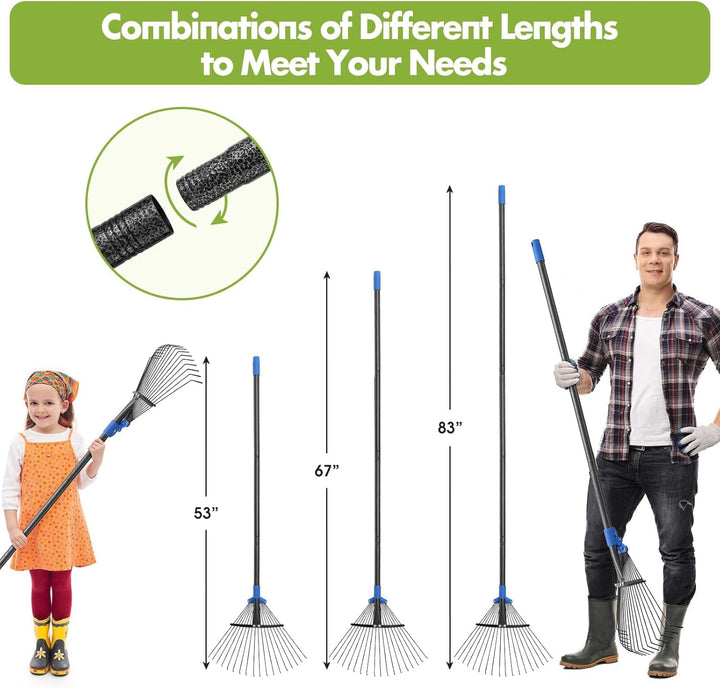 Gartenrechen Laubrechen, 18-zinkiger Metallrechen mit verstellbarem Kopf 25-45 cm, Rasenrechen Laubb