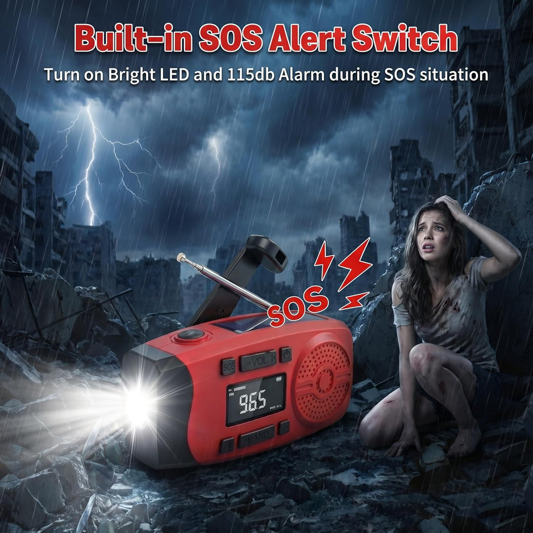 Solarkurbel-Notfallradio mit LCD-Display, 2000mAh Powerbank, 3-in-1 Taschenlampe mit SOS-Alarm, trag
