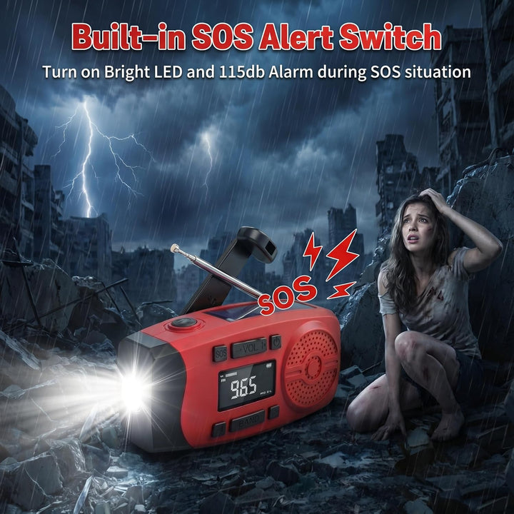 Solarkurbel-Notfallradio mit LCD-Display, 2000mAh Powerbank, 3-in-1 Taschenlampe mit SOS-Alarm, trag