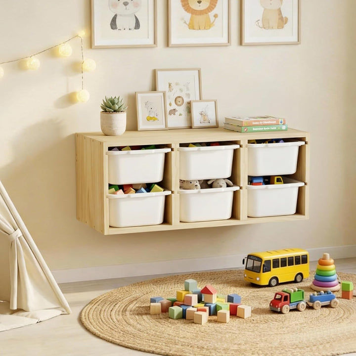 Montessori-Spielzeugregal aus Massivholz zur Wandmontage mit 6 Fächern, Spielzeugablage mit Ablagefl