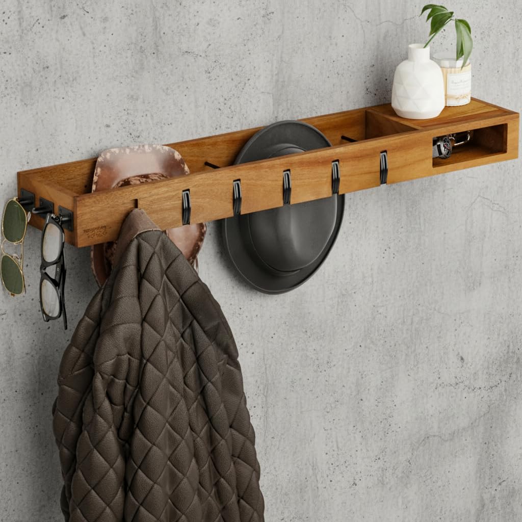 Wandgarderobe Holz – 4in1 Garderobe mit Ablage, Kleiderstangen, Kleiderhaken & Brillenhalter – 100cm