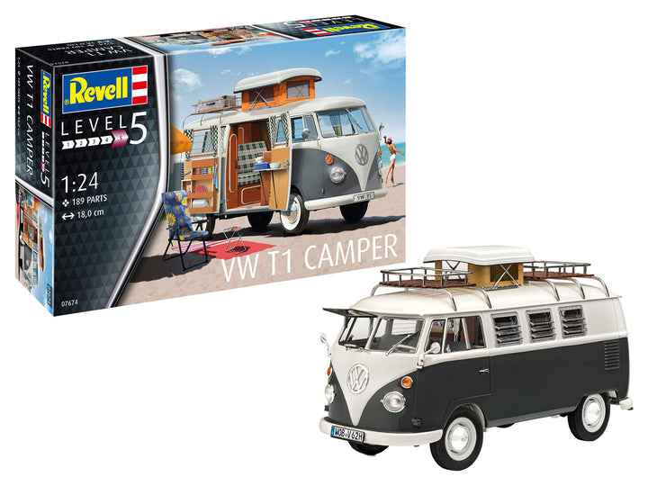 Revell 7674 Volkswagen VW T1 Bulli Camper, Campingbus zum Selberbauen 1:24, 18 cm Zubehör,