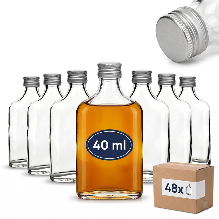 gouveo 48er Set Mini Glasflaschen 40 ml (0,04 l) Flachmann mit Schraubverschluss silberfarben – Klei
