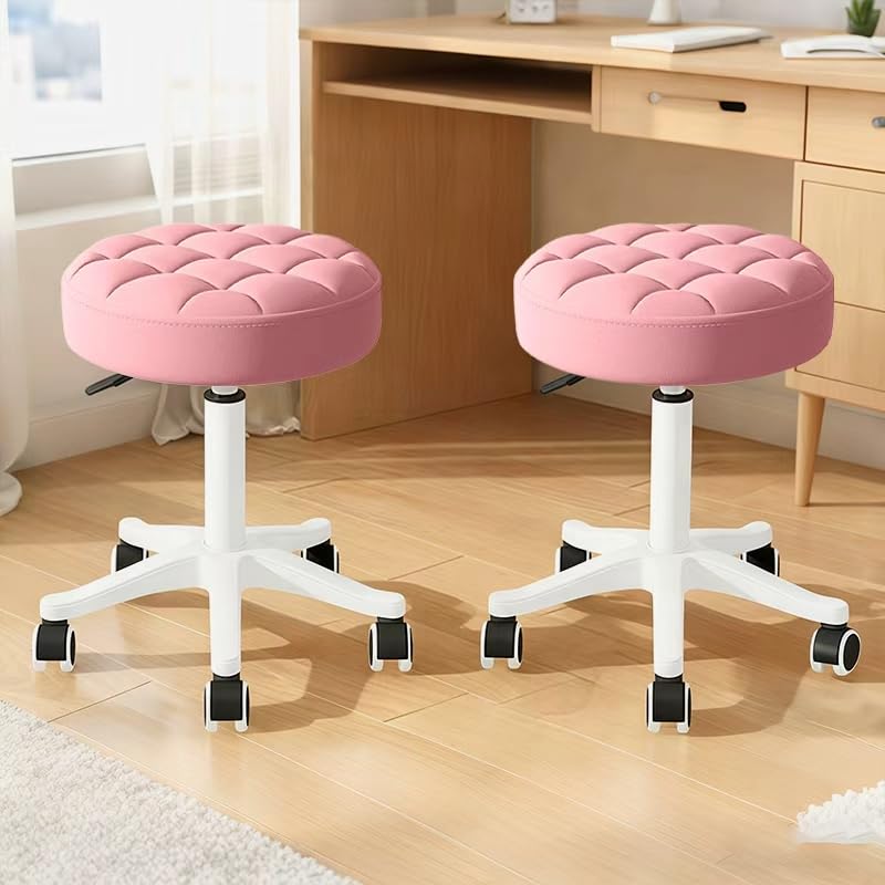 Kleiner Hocker – Runder Rollhocker mit Rädern – Höhenverstellbarer Drehschemel aus PU-Leder – Arbeit