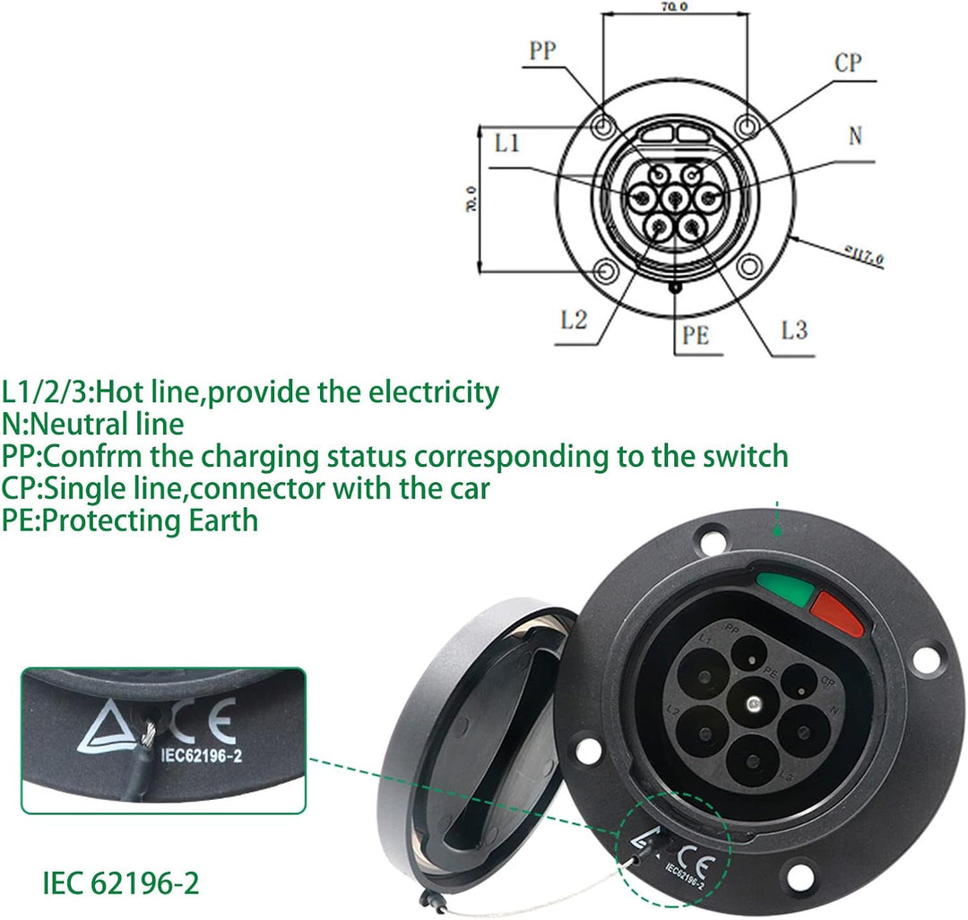 Typ 2 EV-Ladesteckdose New Energy Vehicles Ladesteckdose Typ 2 Dreiphasig 480 V 16 A 32 A Universal