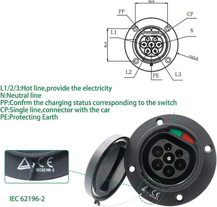 Typ 2 EV-Ladesteckdose New Energy Vehicles Ladesteckdose Typ 2 Dreiphasig 480 V 16 A 32 A Universal