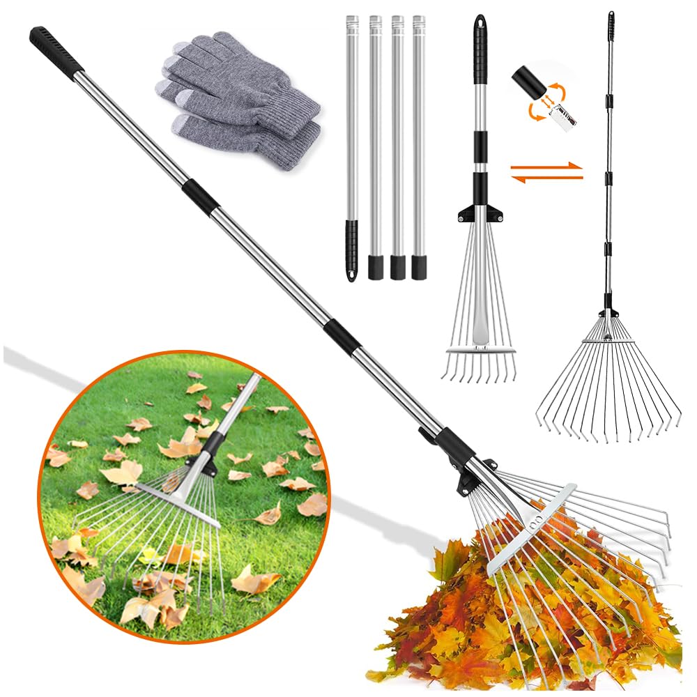 Laubrechen,Gartenrechen mit 2.15M Verstellbare Metallstange und Handschuhe,Laubbesen,Fächerbesen Met