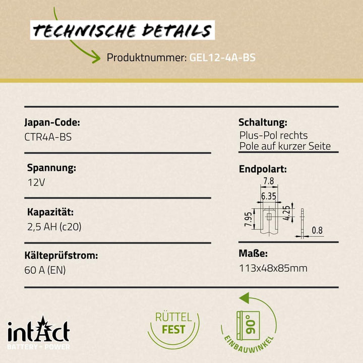 intAct - GEL MOTORRADBATTERIE Bike-Power GEL12-4A-BS. Ersetzt YTR4A-BS. Motorradbatterie 12V 2,5Ah 6