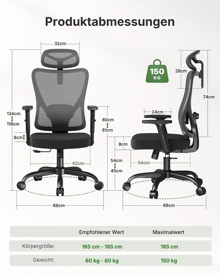 Marsail 2026 Neu Bürostuhl Ergonomisch, 104°–130° Arretierbare Rückenlehne Schwarz Schwarz 1, Schwar