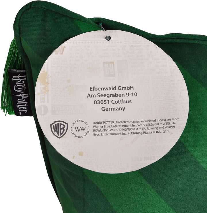 Elbenwald Harry Potter Kissen mit Quasten im Slytherin Design mit gesticktem Wappenpatch in den Haus