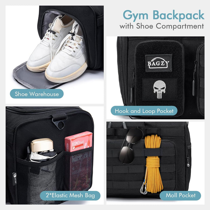 BAGZY Taktischer Reisetasche Sporttasche Herren mit Schuhfach Gym Tasche Rucksack 40L Trainingstasch