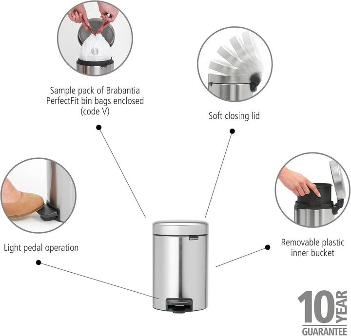 Brabantia 112164 Treteimer mit Inneneimer aus Kunststoff, stahl, Matt Stahl Fingerprint Proof, 3 Lit